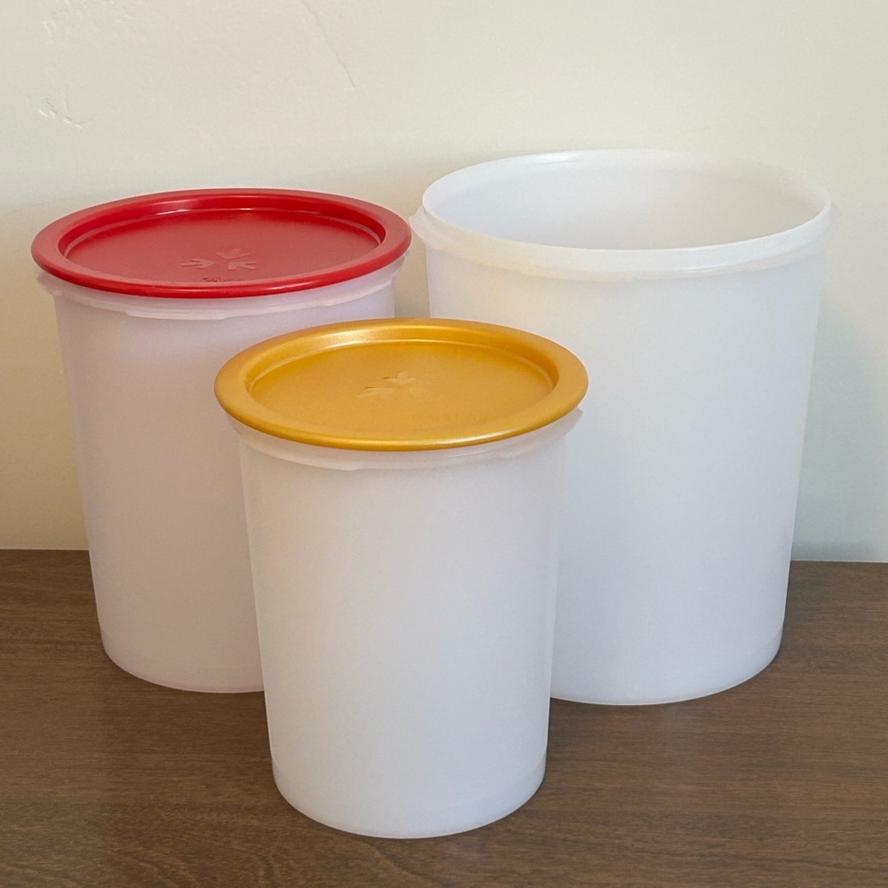 NWOT 3 TUPPERWARE FROSTED CLEAR NESTING CANISTERS WITH 2 USED ONE TOUCH SEALS